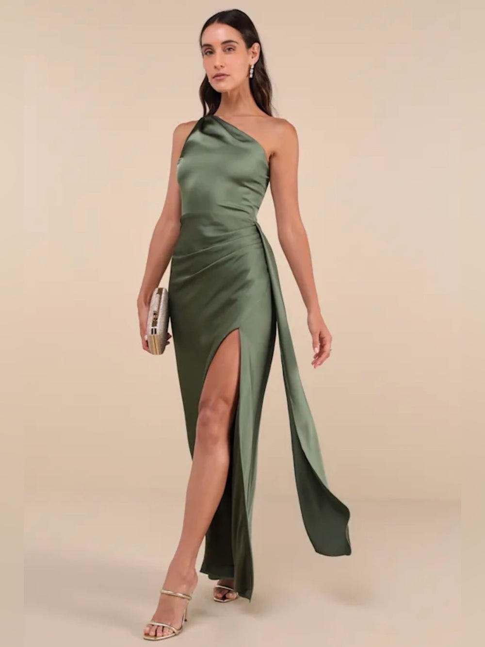 Lulus olive green satin one-shoulder maxi dress